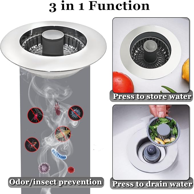 3 in 1 Kitchen Sink Stopper, Pop Up Kitchen Sink Drain Strainer,