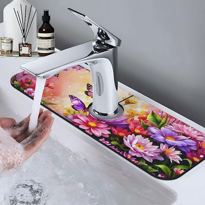 Pink butterfly flower Kitchen sink faucet pad, strong water absorption