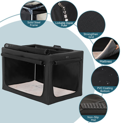 Petsfit Dog Crate, Sturdy Frame and Ventilation Mesh,Large Dog Crate for Car Travel,Fleece Mat Rolling Curtain Dog Carrier for Medium to Large Dogs