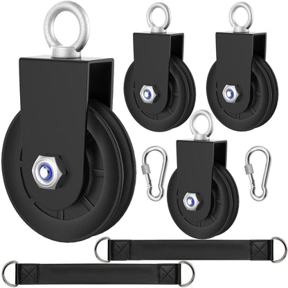 BESTEEL 4 Pack 90mm Cable Pulley Wheel Nylon Pulleys Rotation 360 Degree Traction Wheel Detachable With Strap & Carabiner,Silent Bearing for Home Weight Lifting Gym Pulley Replacement System Equipment