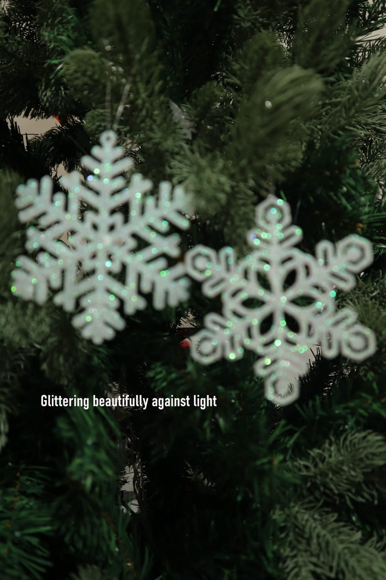 48pcs 4 Inch Pre-Strung White Snowflake Ornaments for Christmas Tree Decorations, Hanging Plastic Glitter Snowflake Christmas Ornaments Bulk in Iridescent White