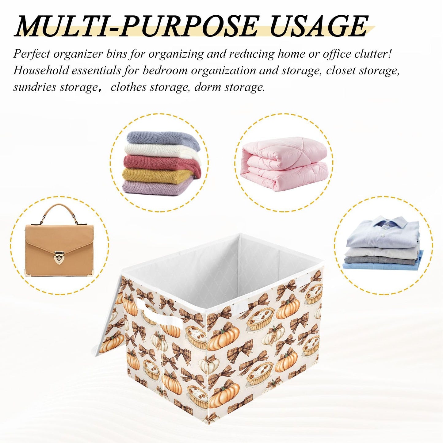 Bolaz Storage Bins with Lids and Handles,Autumn Pie Pumpkin Bows Pattern Storage Box Basket with Cover Collapsible Organizer Containers for Home Closet, Shelves