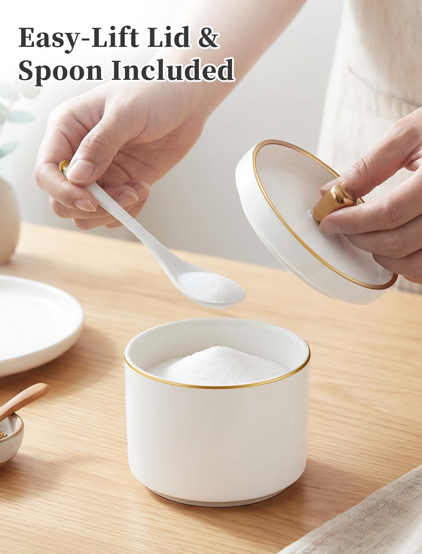 NiHome Ceramic Salt Cellar with Lid and Spoon, Seasoning Container for Salt Sugar Pepper Herbs, Smooth Non-Stick Surface & Non-Slip Base, Kitchen Storage for Countertop and Dining Table, 1 Pack