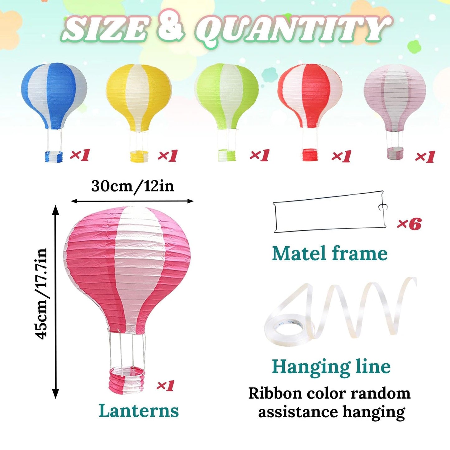 6 Pcs Hot Air Balloon Paper Lanterns, 12 Inch Hanging Ceiling Decorations – Vertical Striped Ball Lamps Reusable Party Decor for Baby Shower, Birthday, Graduation，Classroom(V Striped)