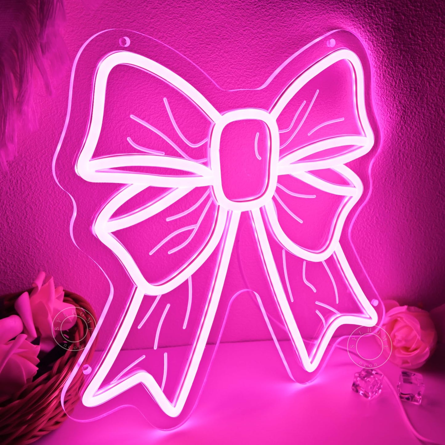 SYLHOME Pink Bow Led Neon Light Sign Cute Girls Kids Bedroom Nursery Game Room Wall Sign Decor Beauty Salon Wedding Birthday Party Backdrop 11.8" X 11.8" USB