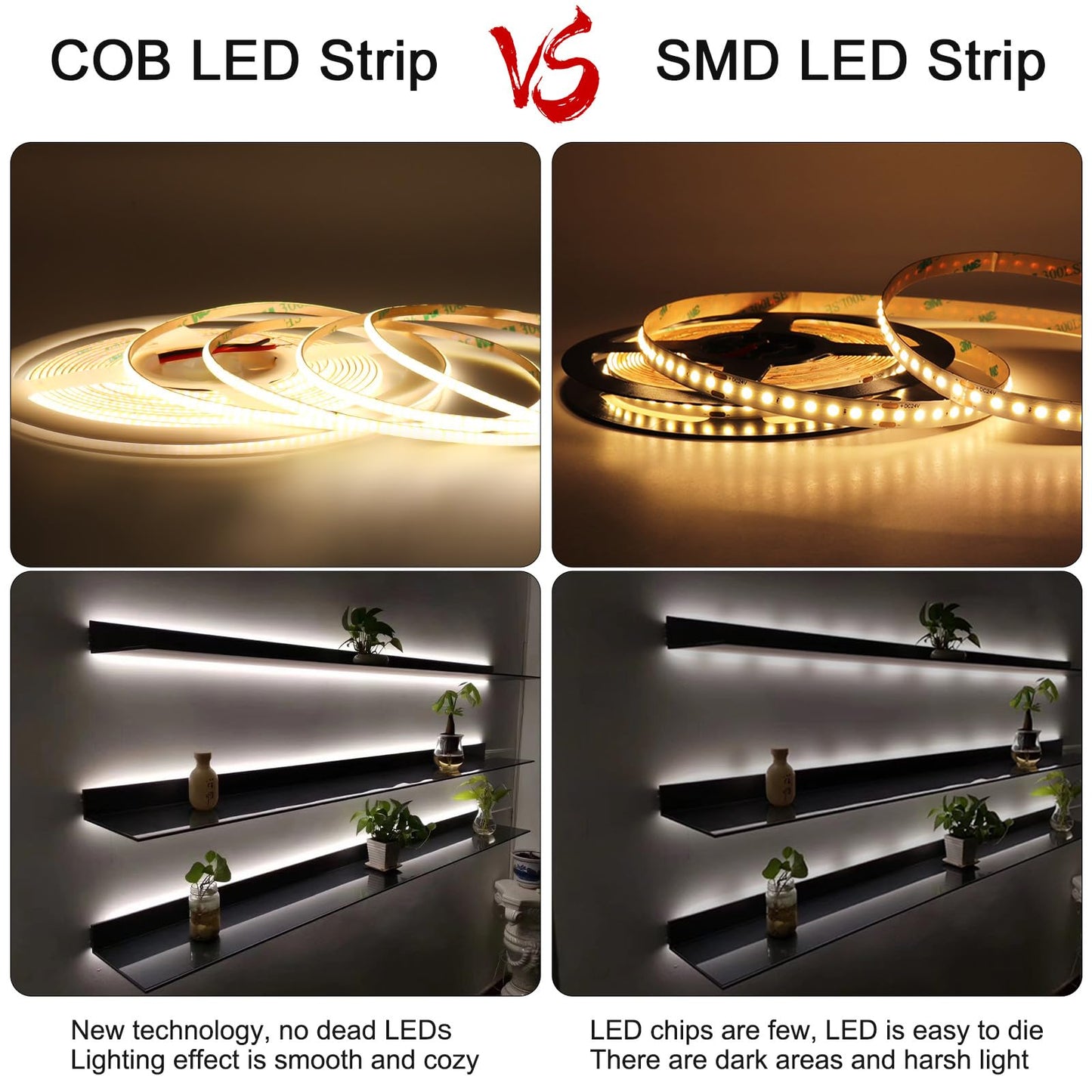 3mm COB Strip Light, DC 12V Ice Blue 16.4ft Flexible Cuttable Ultra-Thin LED Tape CRI>90 Uniform Dotless 400LEDs/M LED Light for Christmas Bedroom Home Kitchen Cabinet Decor (NO Power Supply)