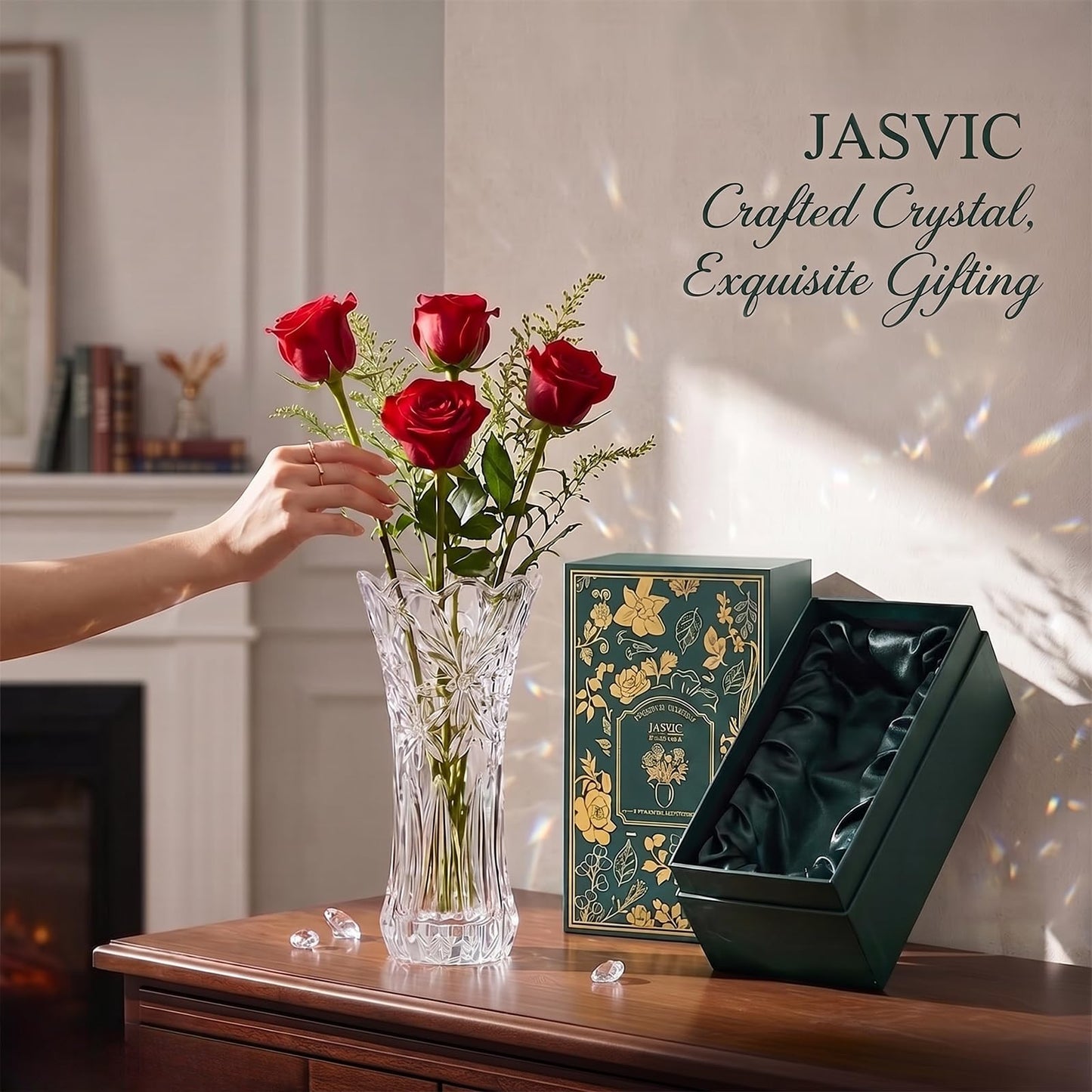 12" Glass Crystal Vase for Flowers with Luxury Gift Box, Elegant Tall Clear Vases for Mother's Day, Wedding, Valentine Gift, Large Floreros Centerpieces for Living Room Home Décor