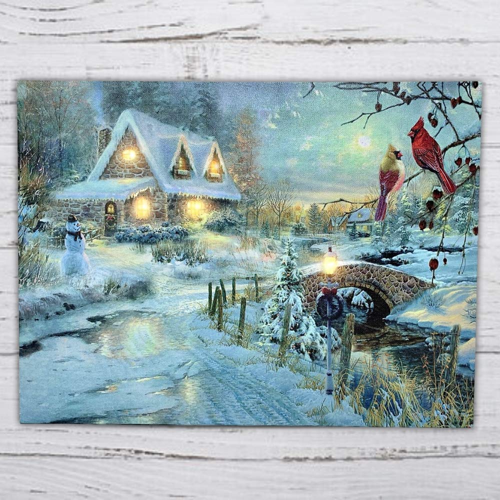 BANBERRY DESIGNS Lighted Holiday LED Wall Art - LED Cottage Along a Stream Christmas Scene with Cardinals and Snowman - Set of 2 - Old Fashioned Cobblestone Bridge - Measures 11.75" x15.75"