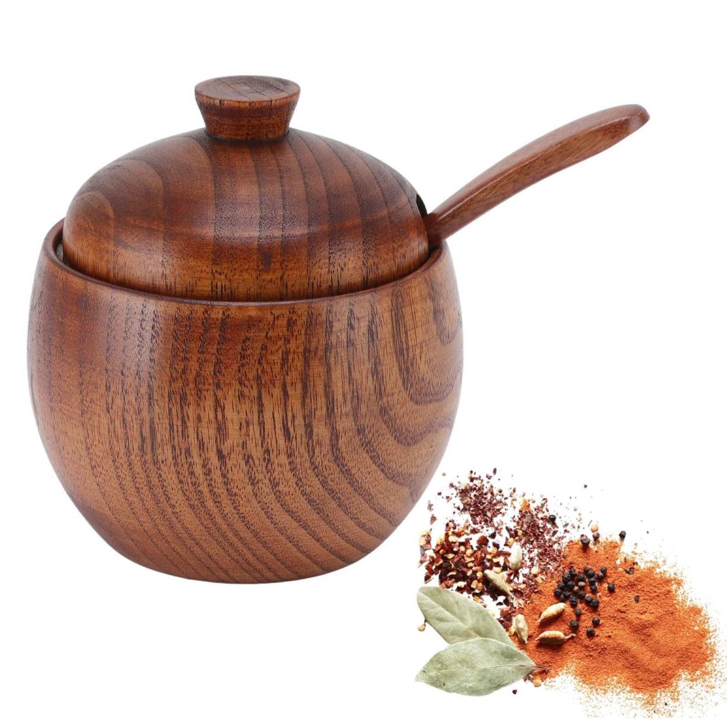 Wooden Salt Box with Lid Spoon, Sugar Bowl Seasoning Container Holder Salt Spice Jar Box Salt Keeper, Pepper, Tea Container for Kitchen Countertop Restaurant