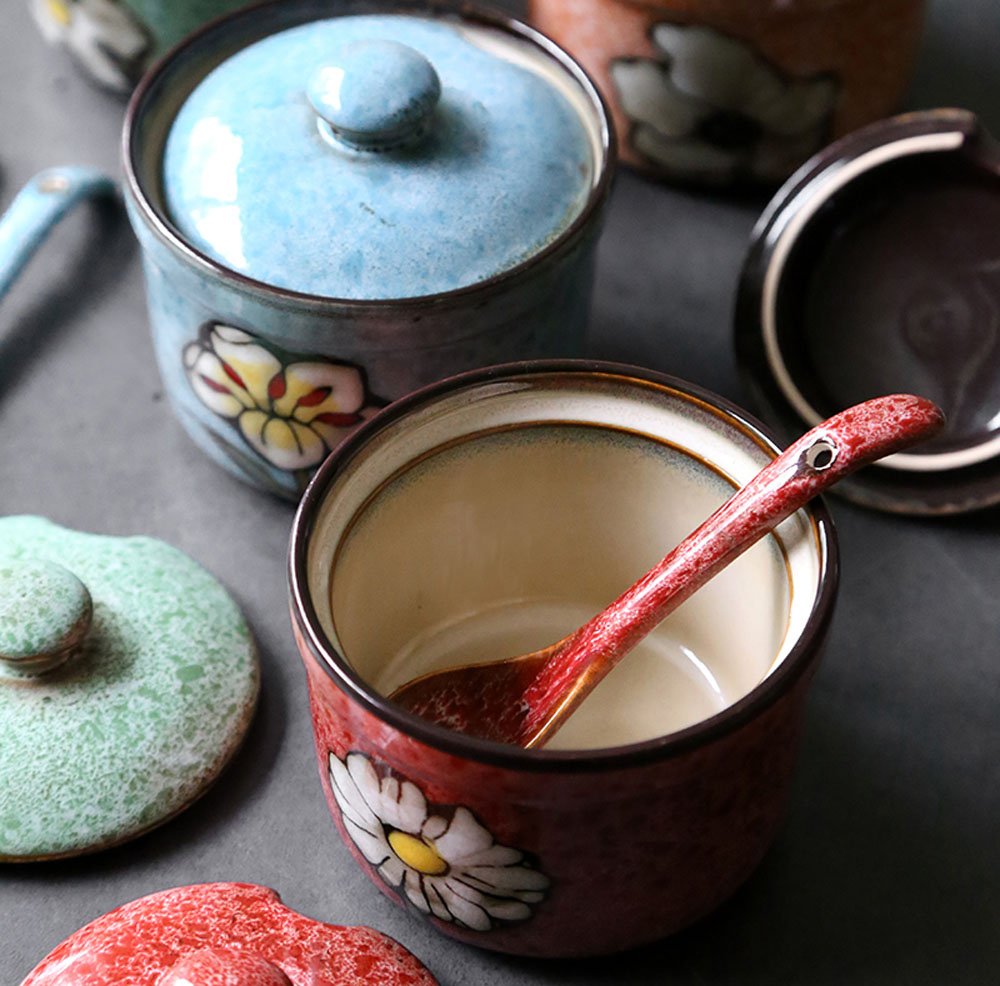 Ceramic Retro Flower Sugar Bowl Seasoning Pot with Lid And Spoon
