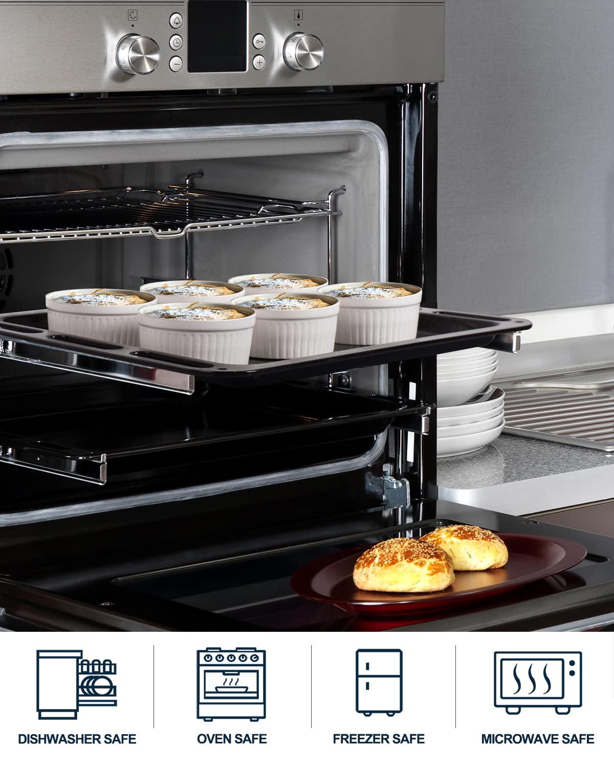 DELLING Ramekins 12 Oz Oven Safe Set of 6, Porcelain Souffle Dish for Baking - Creme Brulee Bowls for French Onion Soup Lava Cake Pudding, Stackable, White