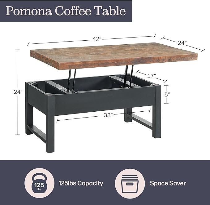 Alaterre Furniture Pomona Living Room 42 Inch Lift Top Solid Wood Coffee Table