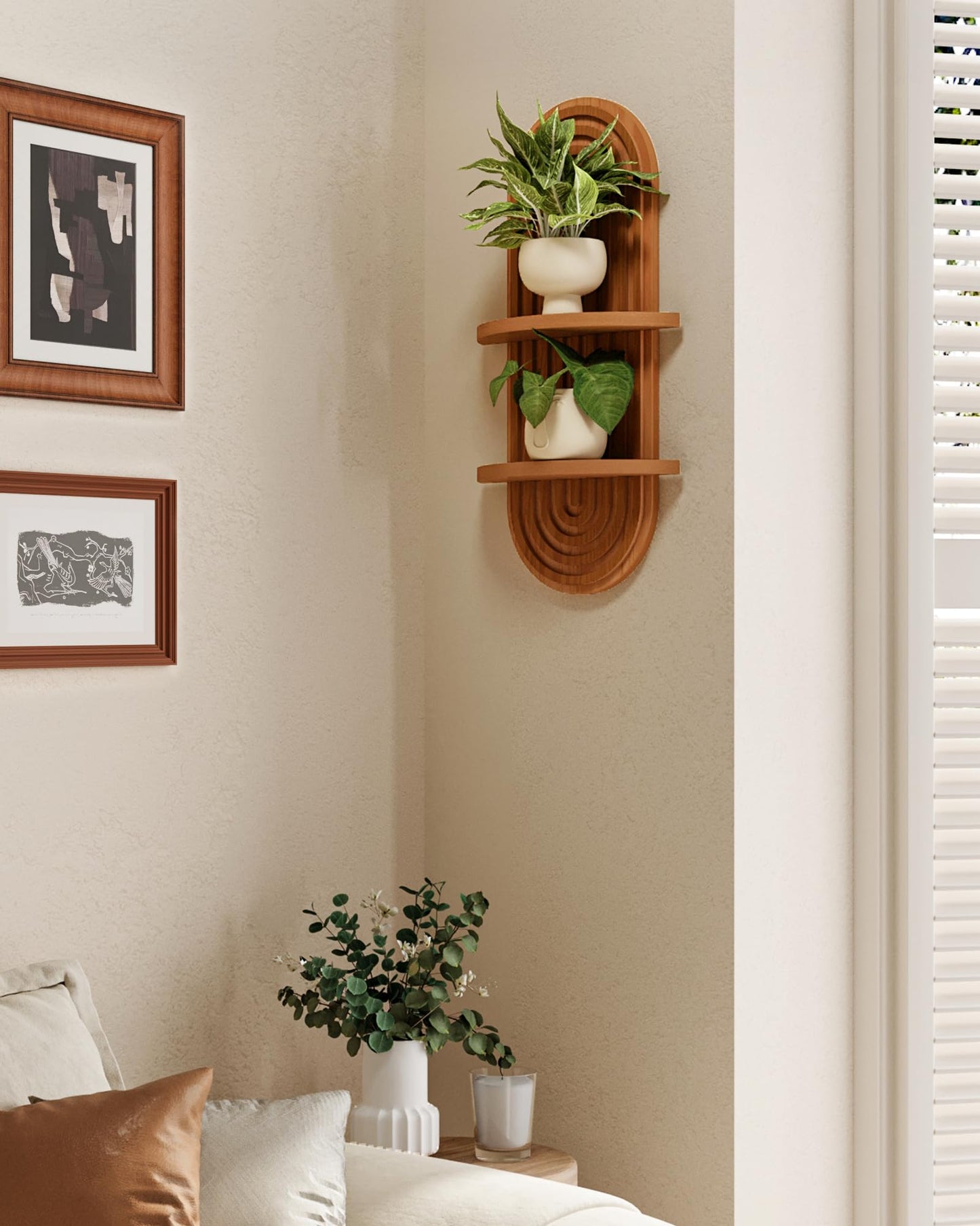 Bamworld Boho Wall Decor Brown Plant Wall Shelf Mid Century Modern Decor Hanging Plant Shelf 16.7in 2 Tier Wooden Floating Shelves for Home Bathroom Bedroom Living Room Office Holding Planter