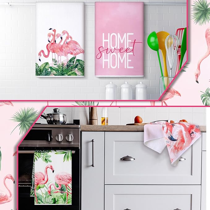 Geyoga 6 Pcs Spring Floral Kitchen Towels Flamingo Dish Hand Towels Sunflower