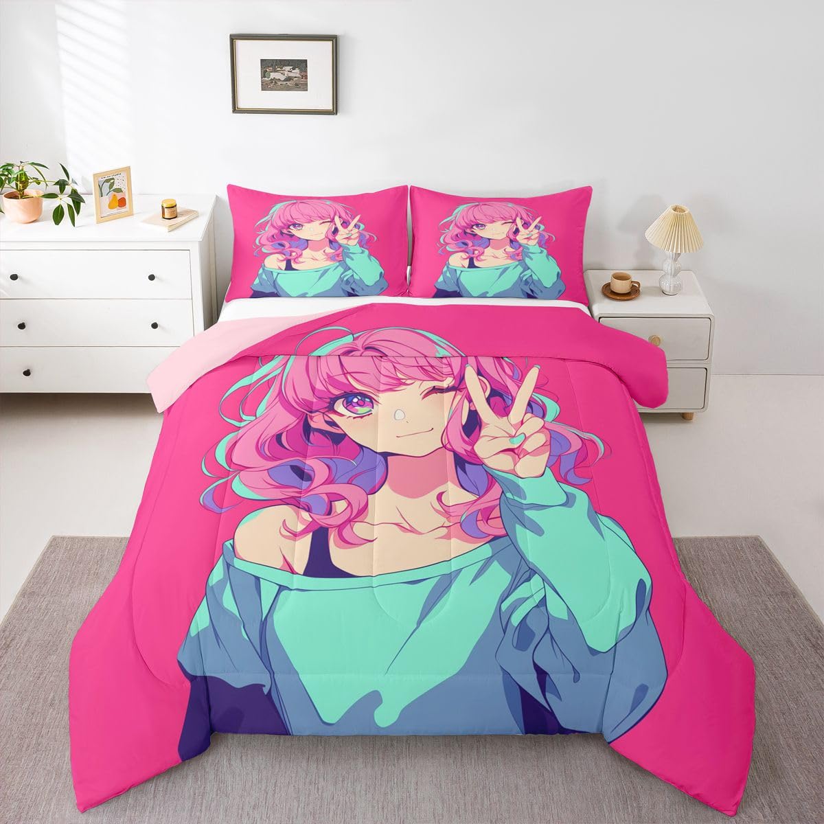Erosebridal Japanese Anime Bedding 3D Anime Girl Comforter Set 2Pcs, Kawaii Japanese Style Bedding Comforter Sets Cartoon Uniform Girl Duvet Insert for Girls Hot Pink Room Decor, Twin