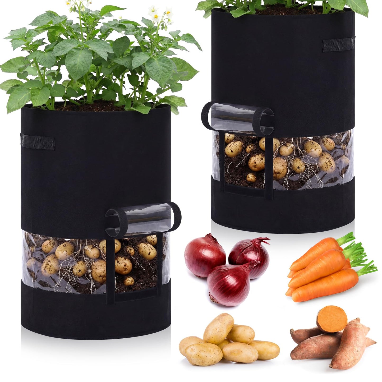 Baderke 2 Pack Visible Potato Grow Bags with Harvest Window, 360 Visibility Plant Grow Bags with Handles for Planting Potatoes, Tomatoes and Vegetables (30 Gallon,Black)