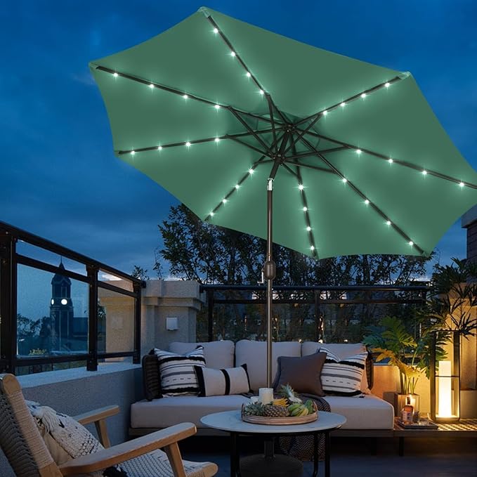 Blissun 9 ft Solar Umbrella, Patio Umbrella with 32 LED Lights, Outdoor Table Market Umbrella for Garden, Deck, Backyard (Seaglass)