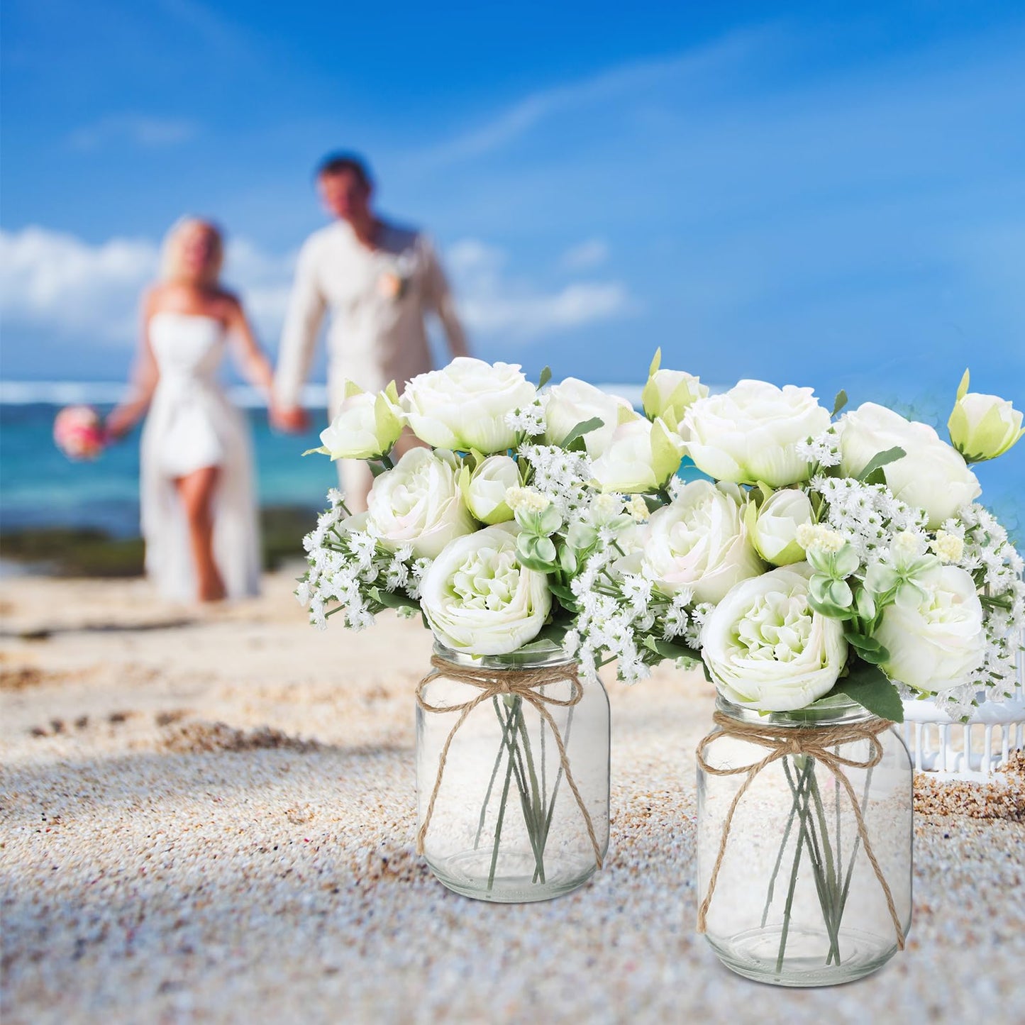 Zeyune 12 Sets Mason Jar Centerpiece Table Decorations, Artificial Peony Baby's Breath Flower Bouquets, Faux Flowers with Vase, Rustic Decor Gifts for Home, Wedding, Holiday (Green)