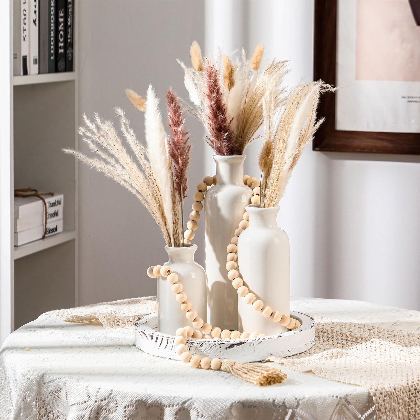Tiangrid 5 Pcs Rustic Country Tabletop Centerpieces Decor Set of 3 Boho Ceramic Vases with Wooden Serving Tray Wood Bead Garland Tassels Table Holder for Home Decorations(White)