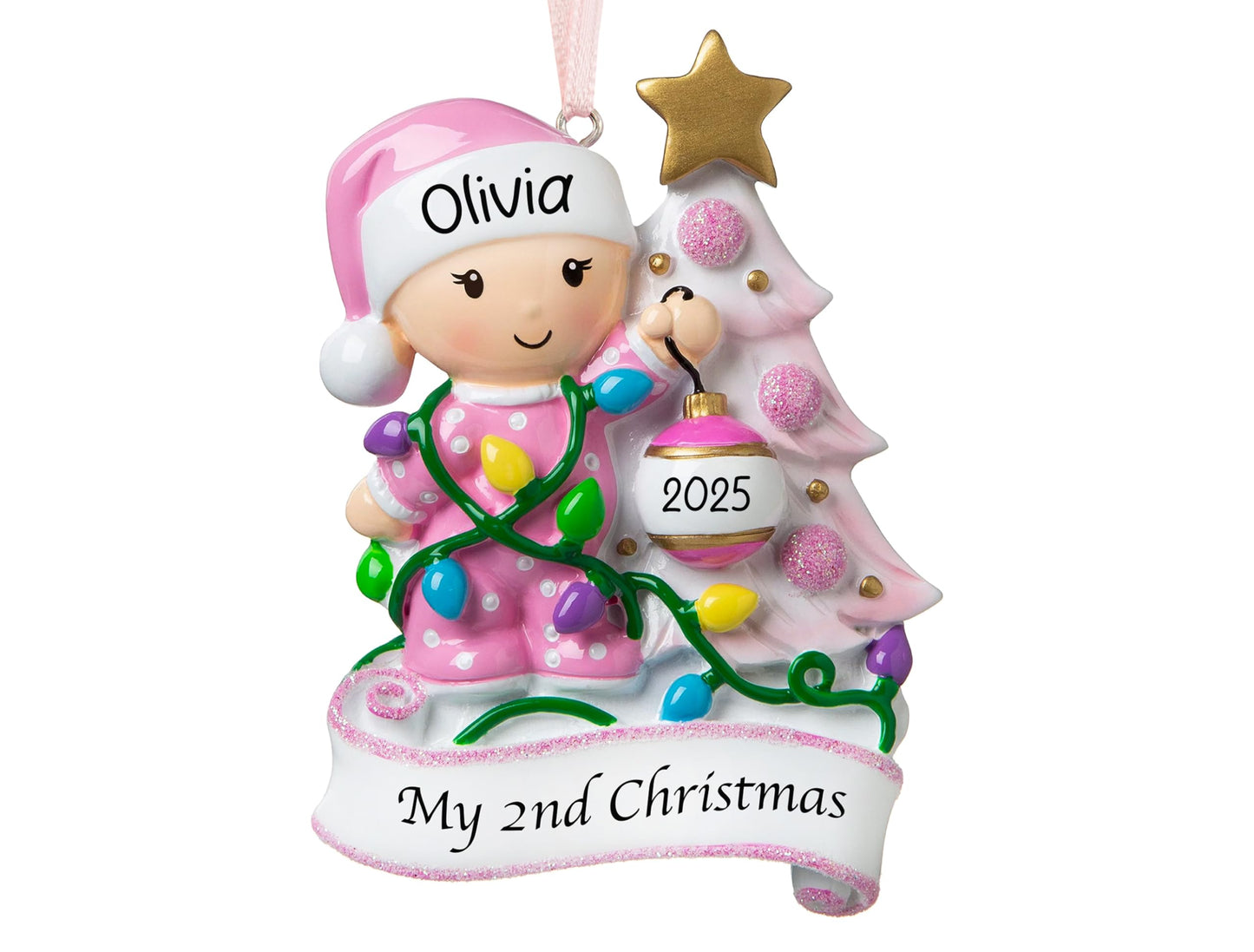 UniqXmas Personalized Baby's Second Christmas Ornament 2025 | Baby Girl Xmas Tree Decoration Pink – My 2nd Christmas Keepsake Gift for Daughter Grandbaby | Custom Name & Year