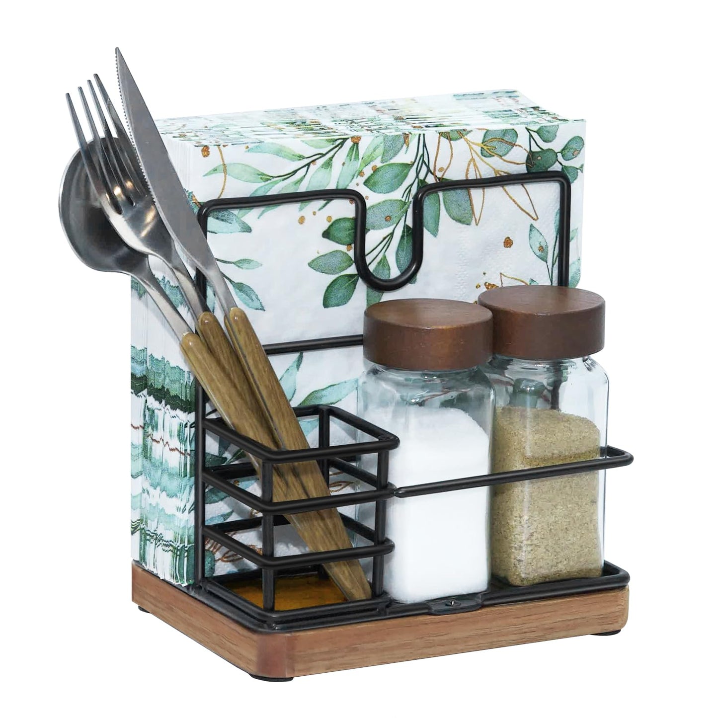 Napkin Holder for Table, Standing Napkin Holder with Salt and Pepper Shakers, Acacia Wood Base, Iron Build, for Kitchen, Dining Room, Outdoor Use（Fork and knife not included）