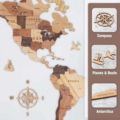 Handiwoo Wooden World Map 3D, Wood World Map Wall Art, Multilayered Wooden Map of The World Wall Decoration, Idea Housewarming Gift Large Wood Travel Map for Home & Office Décor (XL)