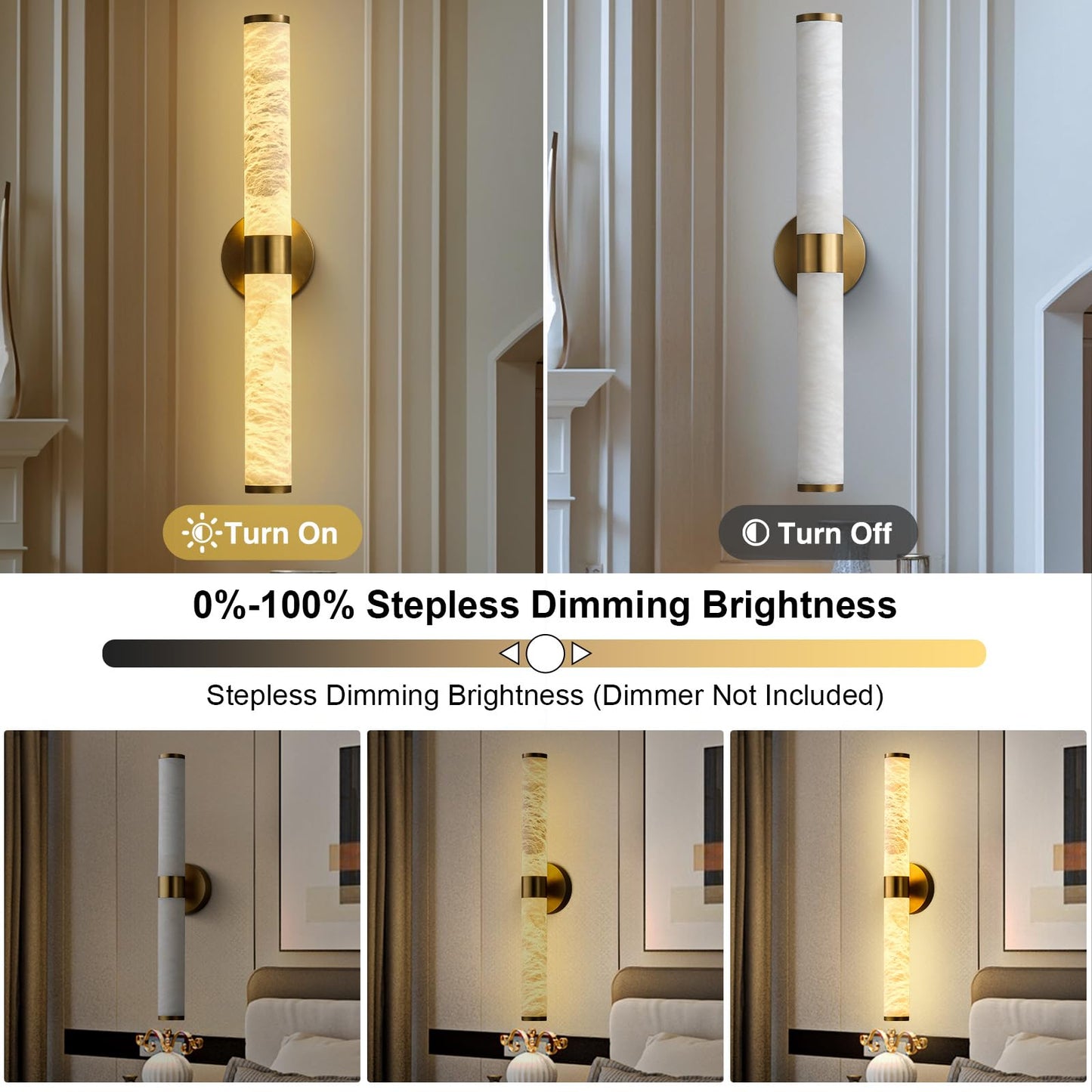 OSRoyce Alabaster Wall Sconces, 24" Brass Wall Sconce, Cylinder Natural Spanish Marble Sconces Wall Lighting, Modern Gold Dimmable Wall Lights for Living Room Bedroom Bathroom Stairs Hallway Entryway