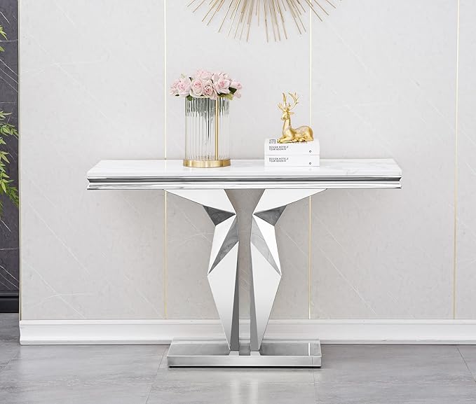 Henf 47" Marble Console Table Modern White Faux Marble Entryway Table
