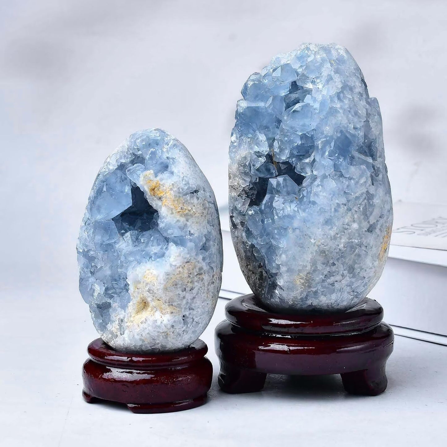 FZBHRO Natural Blue Celestite Geode Egg Healing Crystal Stone Collection Mineral Specimen with Stand Home Office Decor 1.7-2.2 Pound