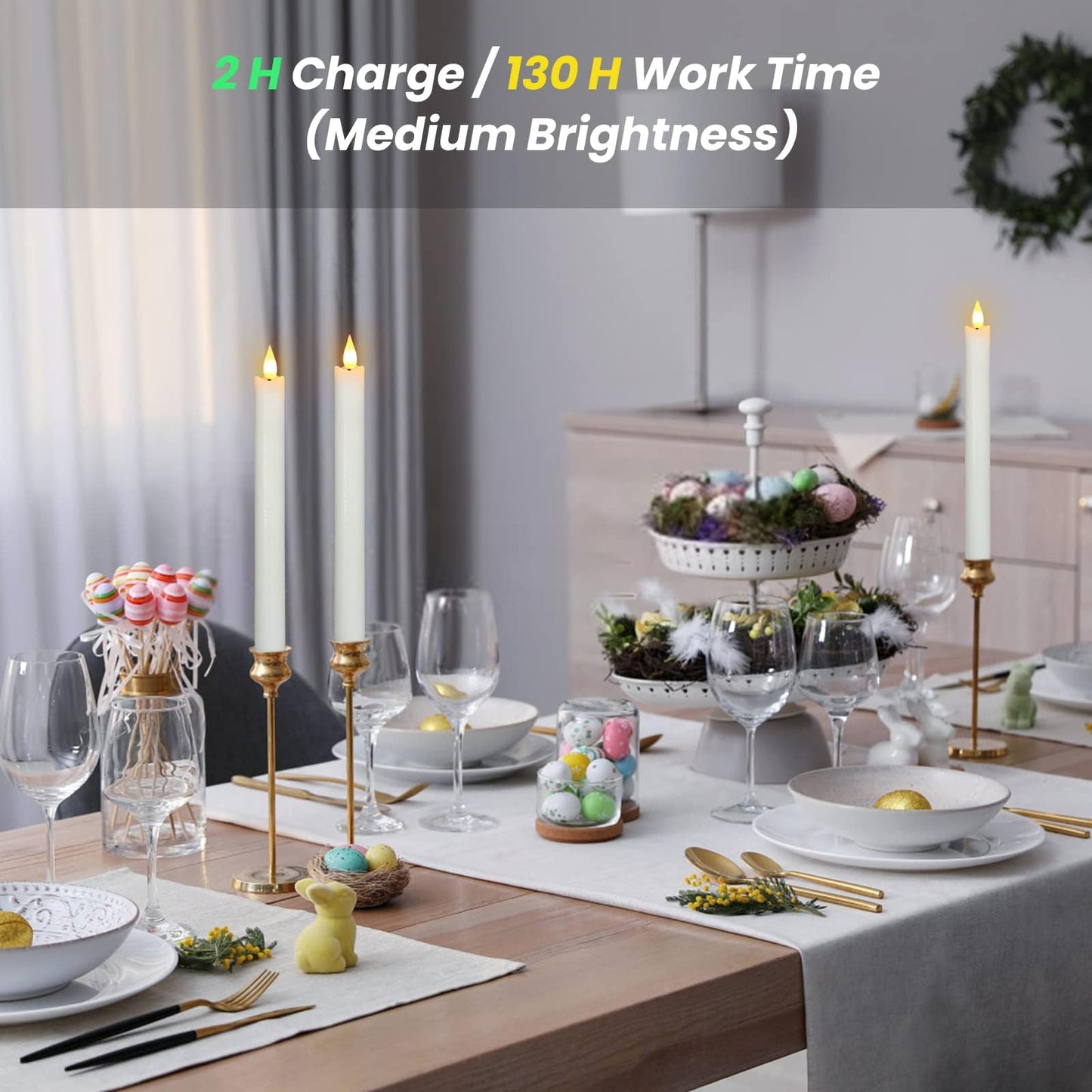 PChero Rechargeable Taper Candles with Remote Timer, 9.8 Inches Real Wax Flameless LED Tapered Candles USB Chargeable for Fireplace Xmas Holiday Home Decor, 2 H Charge/130 H Work Time