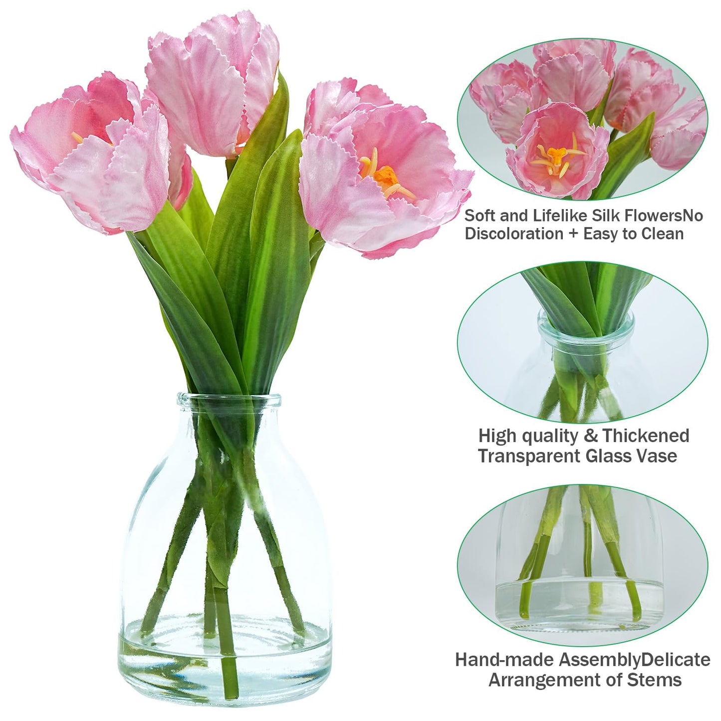 EVERLNESTIO 3D Printed Real Touch Artificial Flowers with Vase, 5 Pcs Pink Parrot Tulips Arrangement, Ruffled Edges Silk Tulip Floral Centerpieces for Dining Table, Home Office Aesthetic Room Decor