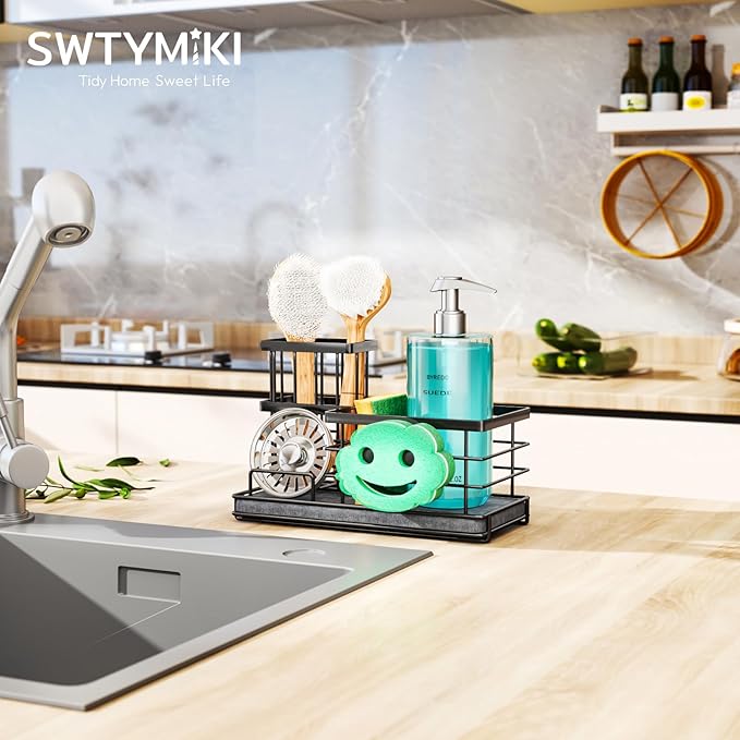 SWTYMIKI Kitchen Sink Caddy Organizer, Quick Dry Smiley Face Sponge Holder