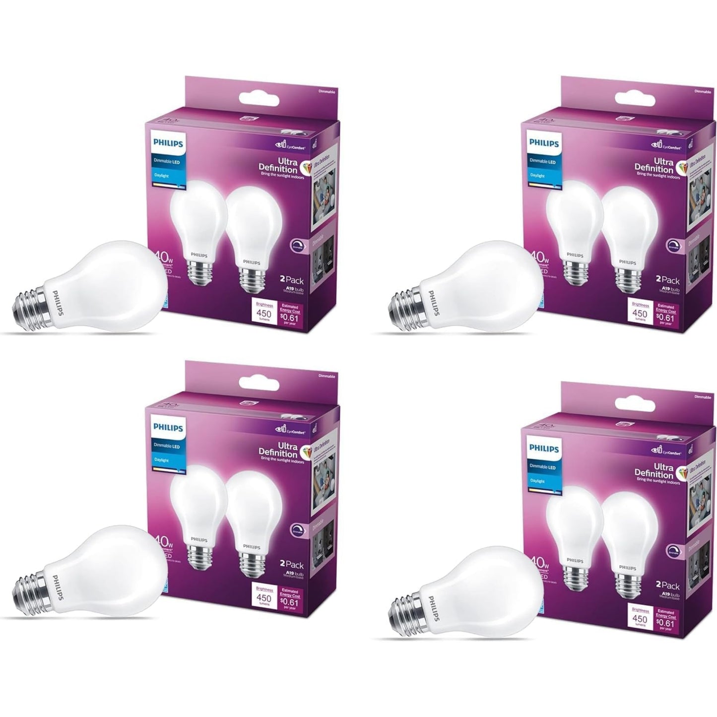 PHILIPS LED 75W A19 4-Pack Ultra Definition Daylight (5000K) 1100 Lumen (9W = 75W) Dimmable Frosted Flicker-Free Light Bulbs
