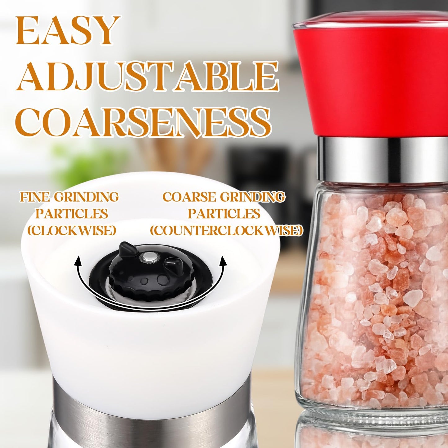 Mifoci 3 Pcs Manual Salt and Pepper Grinder Set, Refillable Salt and Pepper Shakers, Adjustable Coarseness Bpa-free Glass Container with 8 Sticker 1 Markers, Short Black White Red