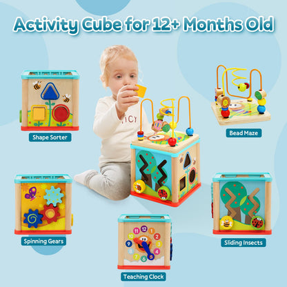TOP BRIGHT Wooden Shape Sorter Activity Cube Toys for 1 Year Old Baby - 1st Birthday Gifts for Girl and Boy 12 Months Plus