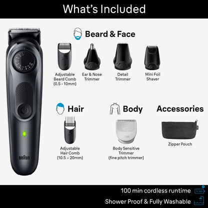Braun All-in-One Style Kit Series 5 5470, 9-in-1 Trimmer for Men w/Beard Trimmer, Body Trimmer for Manscaping, Gillette Fusion5 ProGlide Razor, 40 Length Settings, Rechargeable Battery, Cordless