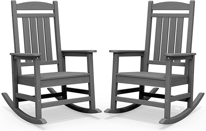 SERWALL Outdoor Rocking Chair Set of 2, HDPE Patio Rocking Chair, All-Weather Porch Rocker for Balcony, Yard, Dark Gray