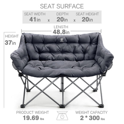 EVER ADVANCED Double Camping Chair for Adults, Padded Folding Camping Love Seat Bench with Side Pocket Portable Camping Couch, Two Person Heavy Duty Folding Outdoor Chair with Cushion,Support 600lbs