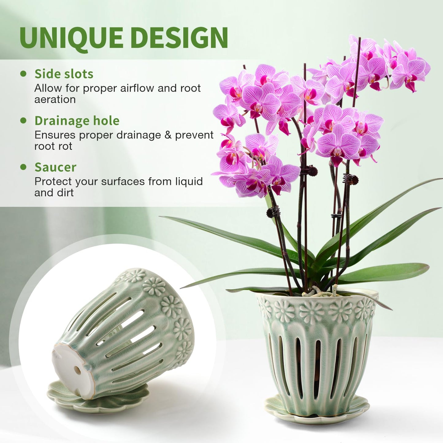 SUADEN 5" Ceramic Orchid Pots with Holes | Crackle Glazed Orchid Pot with Drainage and Separate Saucer | Ideal Plant Pot for Repotting Orchids and Other Flowers(Green)