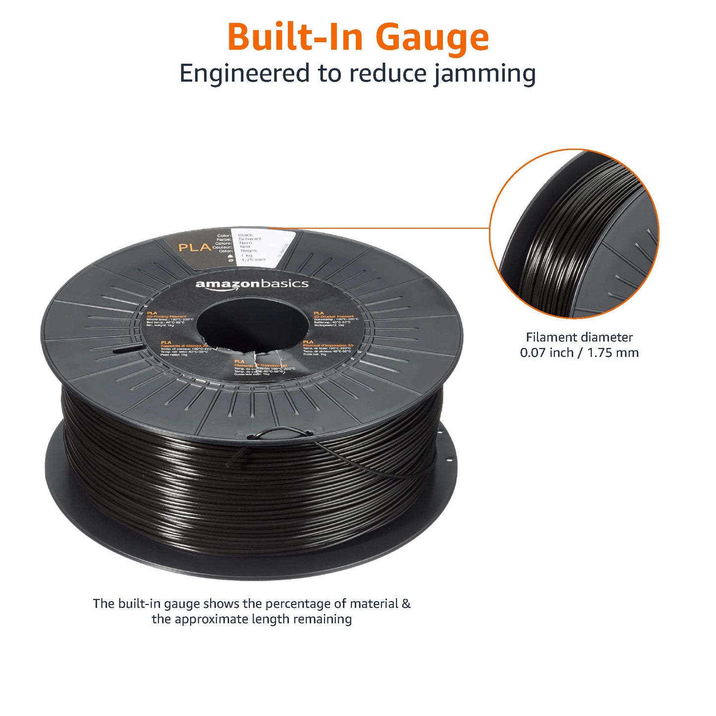 Amazon Basics PLA 3D Printer Filament, 1.75 mm, Black, 1 kg per Spool