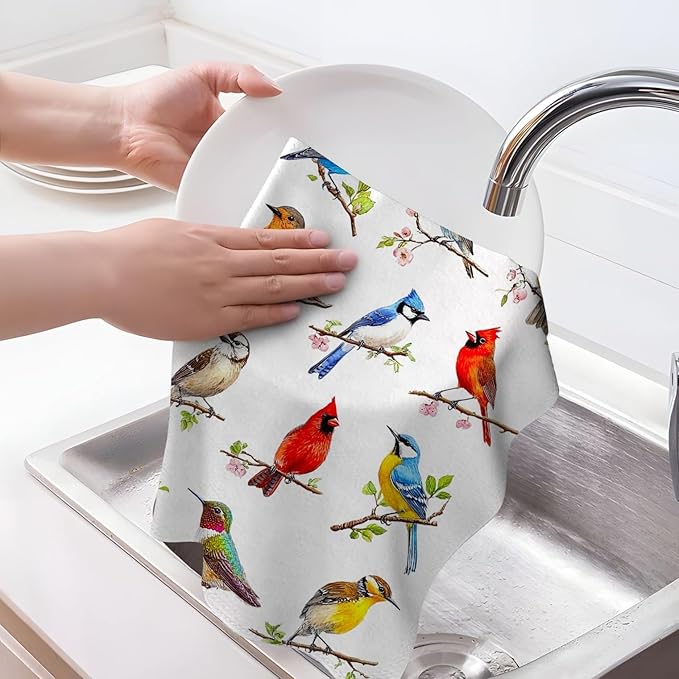 Birds on Branch Kitchen Towels Decorative Set of 4, Absorbent Cardinal