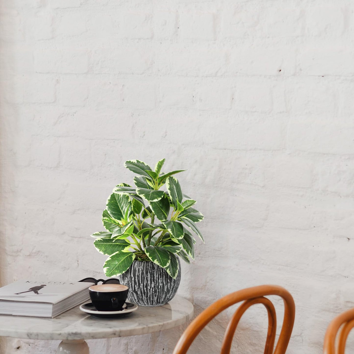 Artificial Plants Indoor Outdoor, Faux Variegated Oak Leaf Plant, Fake Potted Plants Artificial Decor for Coffee Table Desk Shelf, Faux Plants Indoor for Living Room Bathroom Bedroom Entryway Office