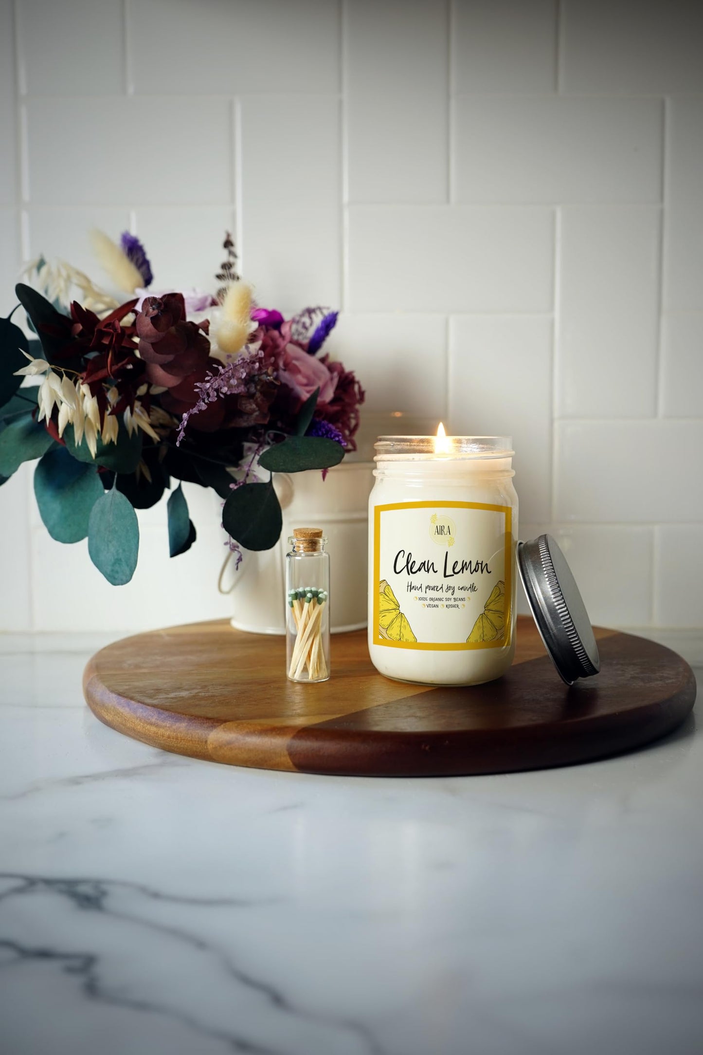 Aira Soy Candle – Clean Lemon – 12 oz Mason Jar – Hand-Poured USA – Long-Lasting Vegan Soy Wax Candle – Fresh Citrus Aromatherapy – Paraffin-Free, Kosher, Cruelty-Free
