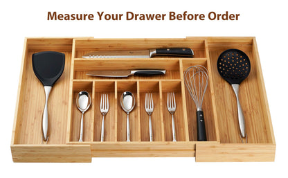 Umilife Bamboo Kitchen Drawer Organizer, 13 Inch Silverware Utensil Tray Holder, Extra Deep Grooved Drawer Divider, 7 Slots Total Bamboo Wood Caddy for Flatware Cutlery Knives, Forks, Spoons