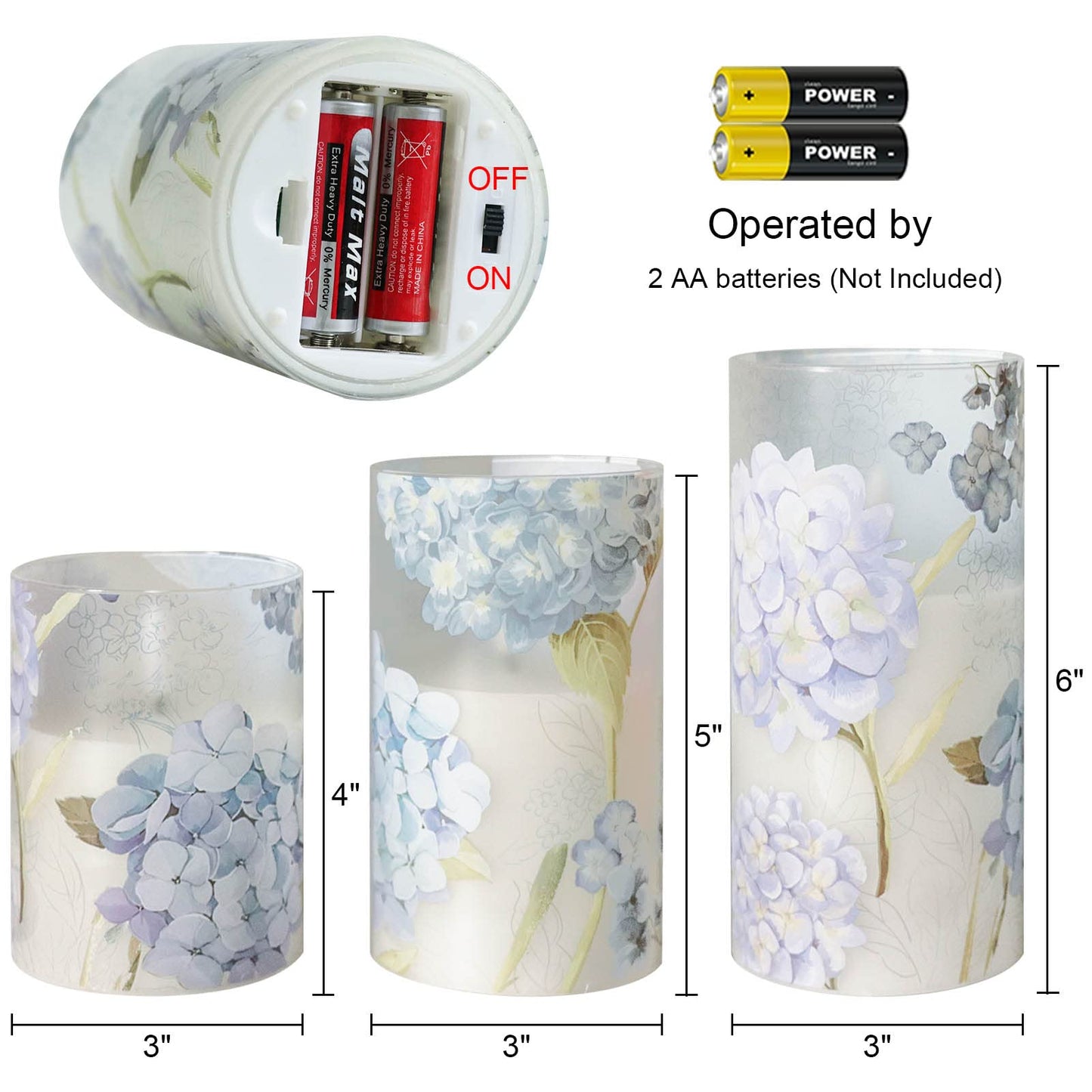 Eldnacele Hydrangea Glass LED Candles Flickering with Remote Timer, Battery Operated Flameless Candles Home Wedding Christmas Decoration Gift(3 x 4,5,6 Inches)