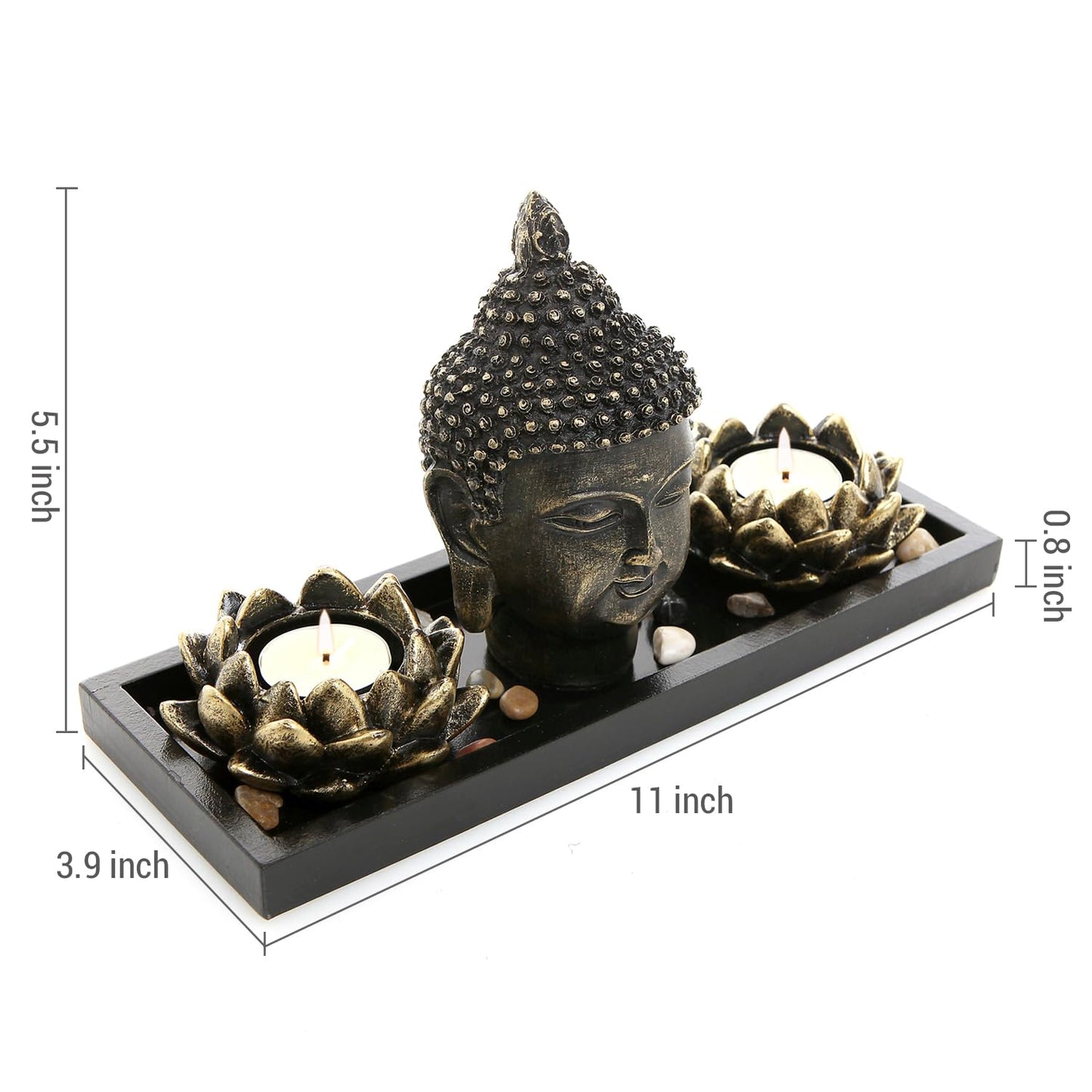 MyGift Black Buddha Head Sculpture Zen Garden Set with Lotus Tealight Candle Holders and Wooden Display Tray, Decorative Tabletop Home Accent