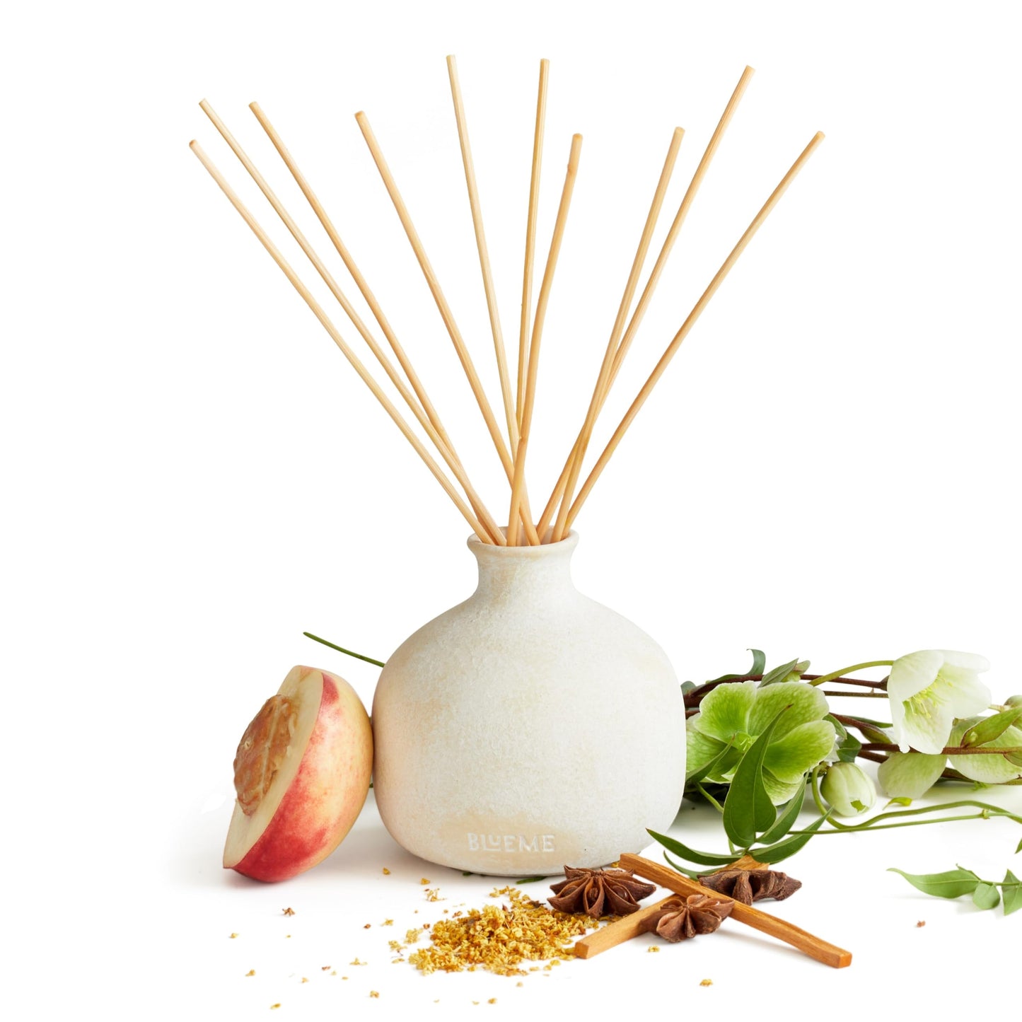 Blueme Calm Diffuser | Osmanthus & Sandalwood | 5.92 Fl Oz - Refillable Wellness Diffuser, Contains Essential Oil, Sustainable, Hand Finished, Premium, Luxury Ceramic, Natural Rattan Reeds, | Small