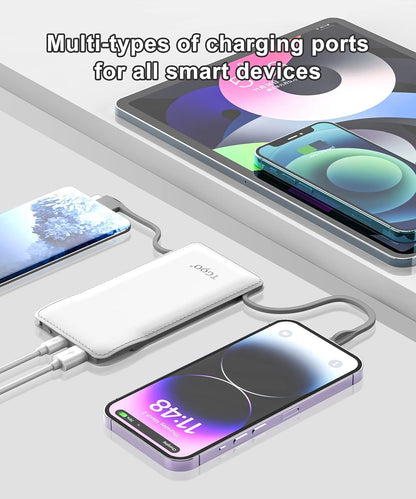 TG90° Portable Charger 10000mah Cell Phone Battery Backup, Ultra Slim Power Bank with Built in Lightning and USB-C Cable, Portable Phone Charger Battery Packs Compatible with iPhone Android Phones