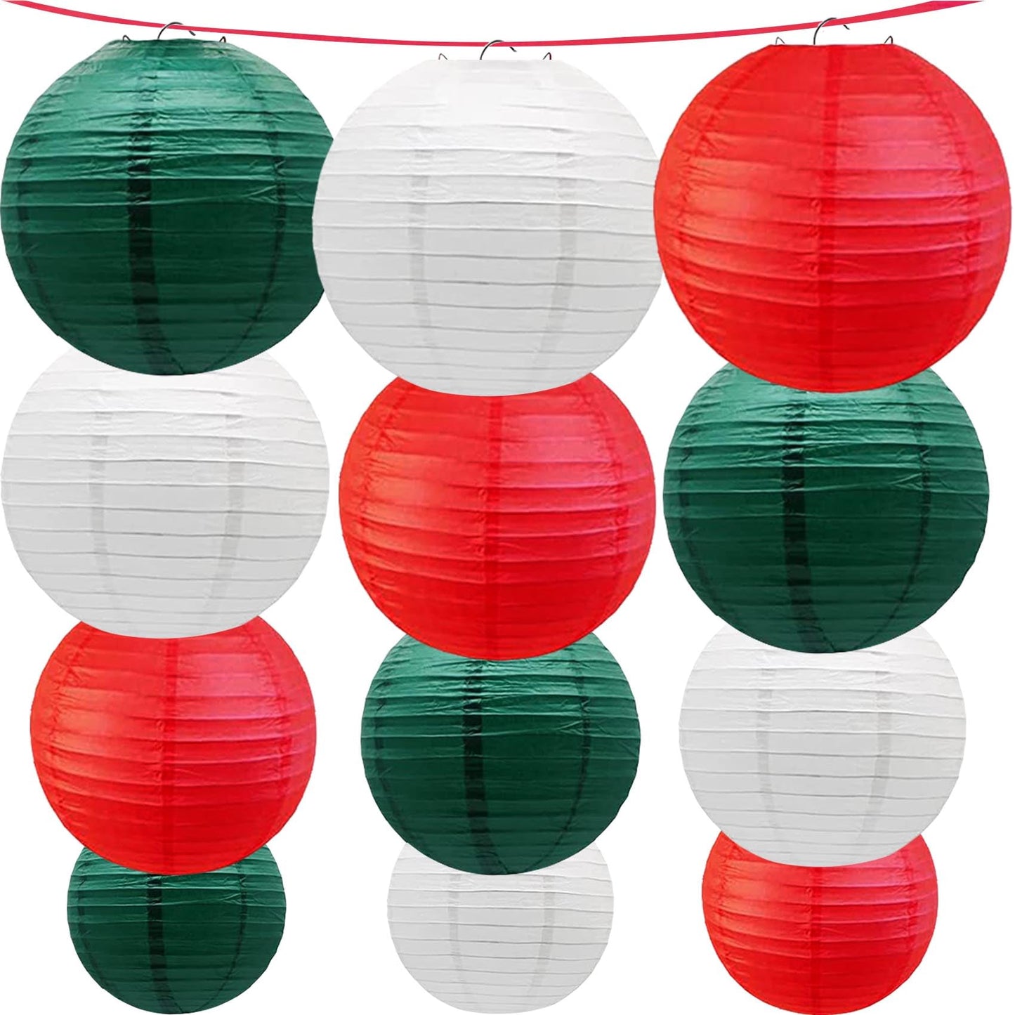 KUNYYI Red -White and Green Paper Lanterns 12Pcs Hanging Lanterns for Christmas Theme, Wedding, Birthday Party, Baby Shower Festive Decoration