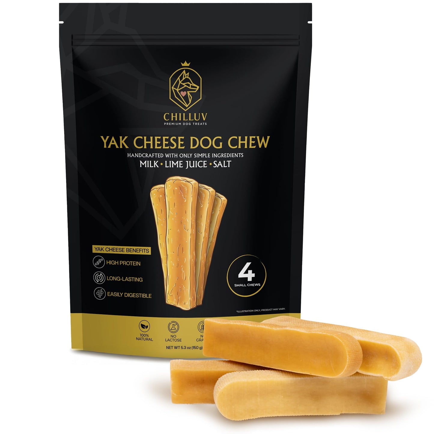 CHILLUV Himalayan Yak Cheese Dog Chews - All Natural, Long Lasting, High Protein, Odor-Free, Grain & Lactose Free, Healthy Dental Treats for Aggressive Chewers (Small - 4 Chews, Original)